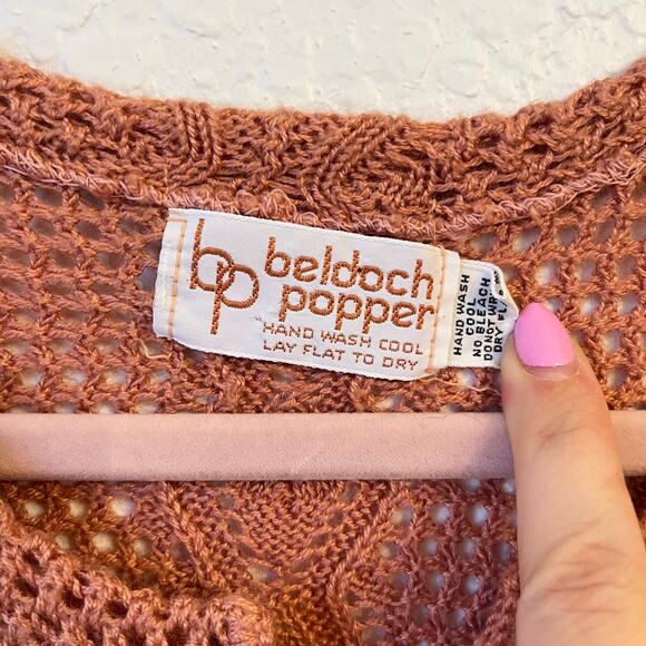 Vintage Beldoch Popper Open Knit Sweater Small Lace Up Salmon Pink Boho Festival - Picture 4 of 10